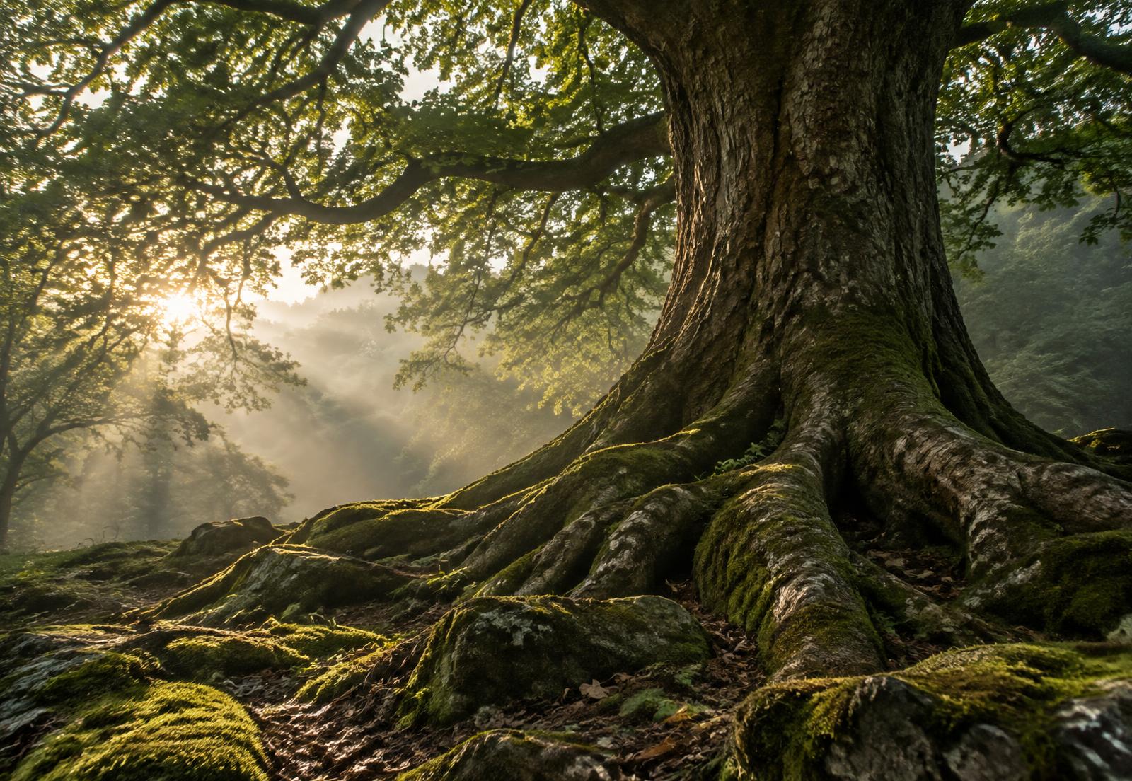An ancient tree with deep, moss-covered roots in warm morning light